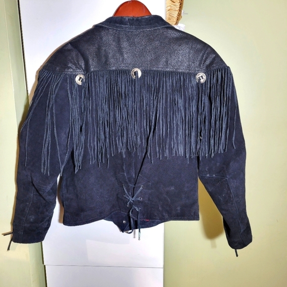 Vintage 80s fringe suede leather crop moto jacket black small medium - Picture 7 of 16